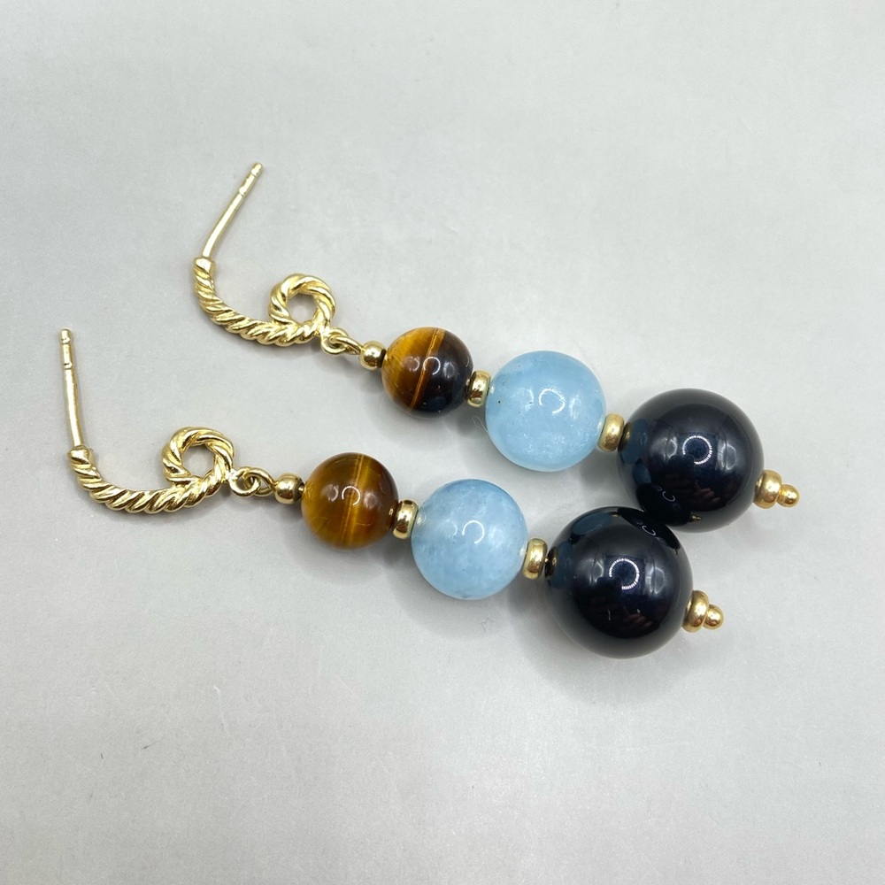David Yurman 18K Yellow Gold Tiger Eye Black Onyx Bead Earrings - Picture 6 of 10